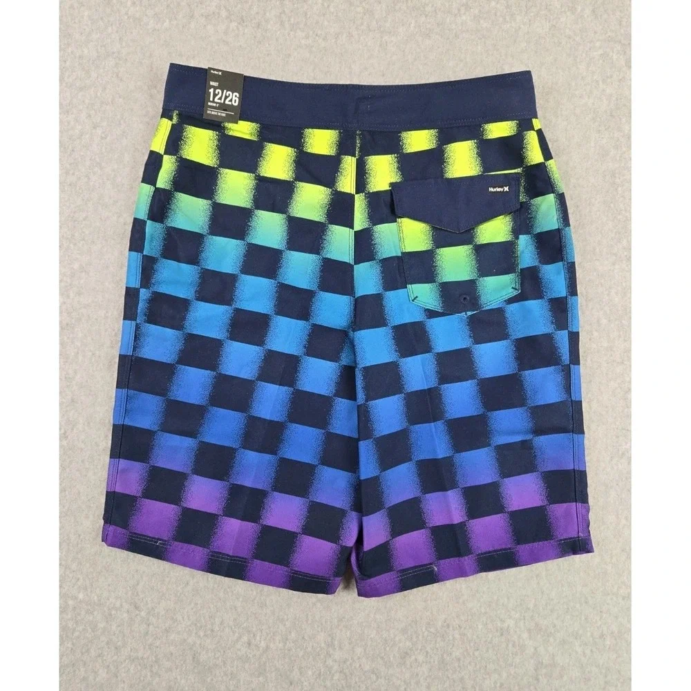 Hurley Board Shorts Boys Size 12 Swimming Trunks Checkered Logo Bathing Suit NEW